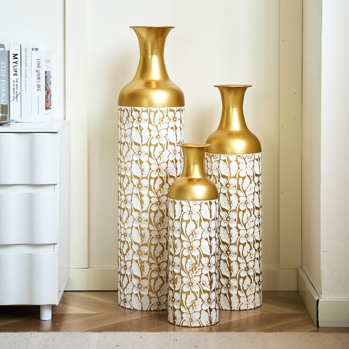 3er Set Bodenvase Metall, Weiß-Gold, Retro Stil, 83/65/50 cm hoch