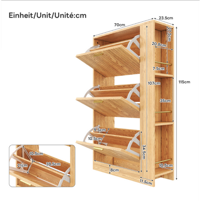 Moderner Schuhschrank aus Holz - 3 Türen, Großes Fassungsvermögen & Offene Regalfächer - Stilvoller Schuhkipper für Eingangsbereich & Foyer