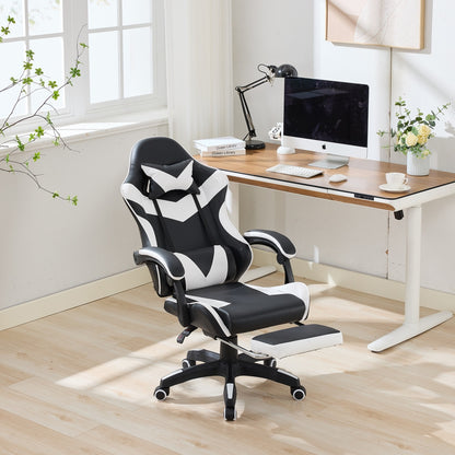 Gaming Stuhl Racing Design, 155° Liegefunktion, Fußstütze, Lendenmassage, Schwarz+Weiß