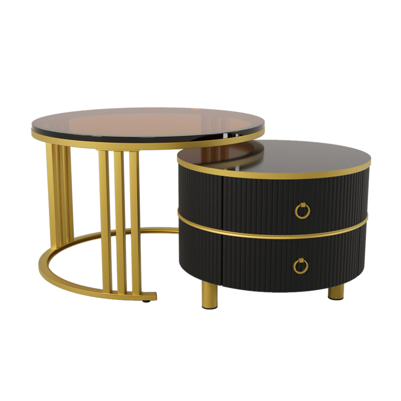 2-in-1 runder MDF-Couchtisch, Beistelltisch mit 1 Hochglanz-Tischplatte und 1 brauner Tischplatte aus gehärtetem Glas, Wohnzimmer-Couchtischkombination mit 2 Schubladen, 70*70*45 + 50*50*40 cm