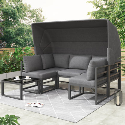 Garten Loungesessel Set, Iron Sunny Island Sitzgruppe Hocker und Tisch mit Markise 4er Set Balkon und Garten Loungemöbel Terrassenmöbel Wetterfest Grau Inkl. aller Kissen(previous sku:HW24006AAA)