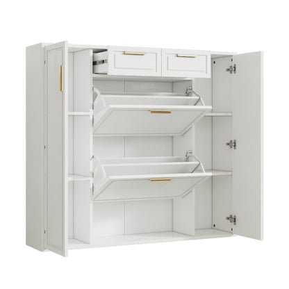 Moderne Schuhschrank, mit verstellbaren Regalen, goldenen Griffen, 2 Schubladen, Klappschuhschrank und 2 Türen, weiß