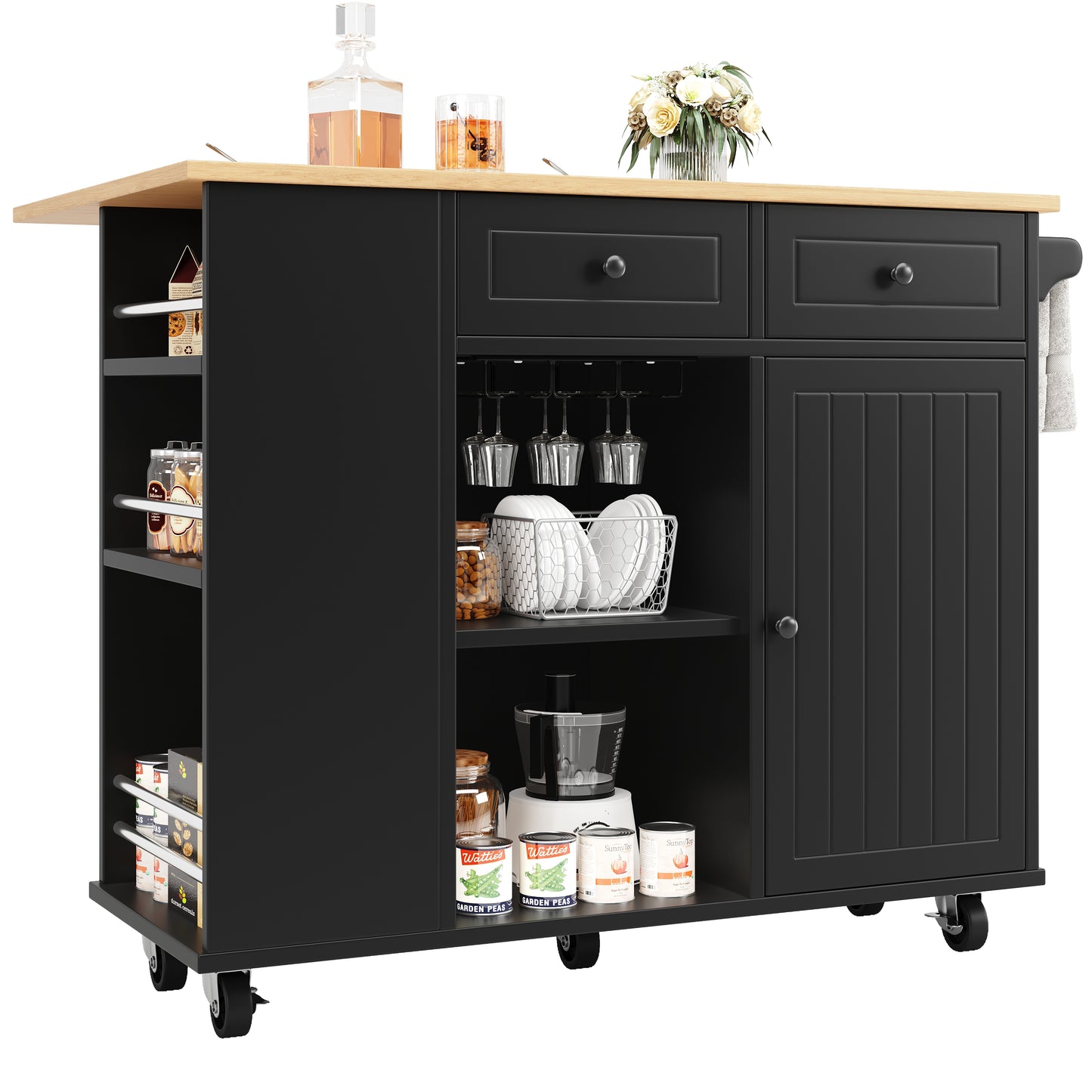 Kücheninsel mit Arbeitsplatte Küchenschrank Schwarz Esszimmerwagen mit Snackhalter und Weinglasregal Buffetschrank Trennwände Holzmaserung