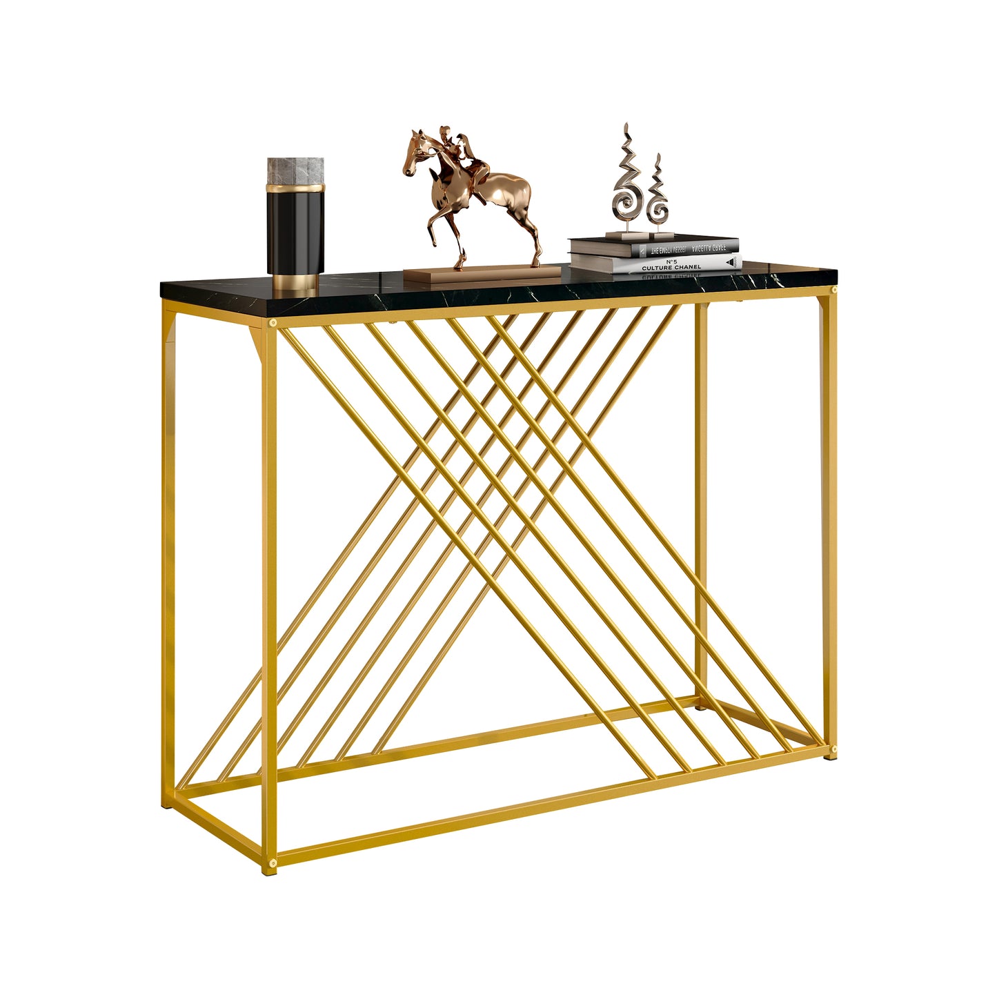 MDF Hochglanz Tisch für den Eingangsbereich, Konsolentisch, Flurtisch, Sideboard, Beistelltisch, Vintage, Schwarzer Tisch mit goldenem Fuß,