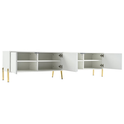 Weißes TV-Schrank, 190 cm lang x 38 cm breit x 48 cm hoch, goldene Tischbeine, gerilltes Türdesign