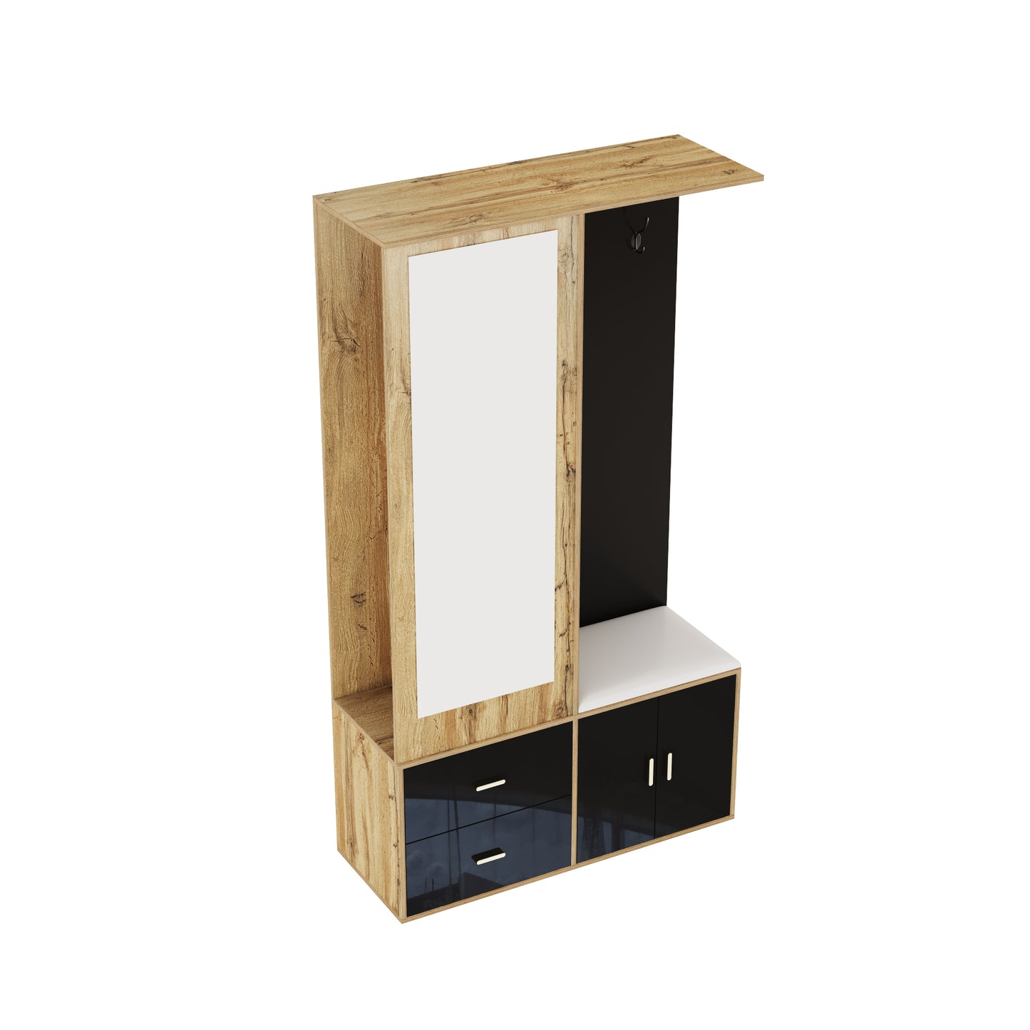 Elegantes Kleiderschrank Set in Schwarz und Holzfarbe mit Spiegel, Schuhschrank, Schuhbank mit Haken und ausziehbaren Kleiderbügeln.