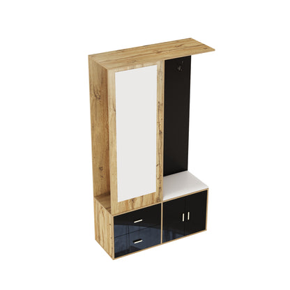Elegantes Kleiderschrank Set in Schwarz und Holzfarbe mit Spiegel, Schuhschrank, Schuhbank mit Haken und ausziehbaren Kleiderbügeln.