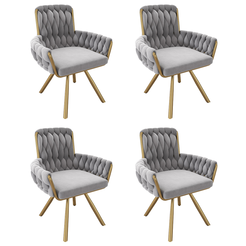 Samt-Esszimmerstuhl, 4er set, Sessel, einzelner luxuriöser Wohn- und Schlafzimmer-Drehstuhl, Freizeit-Drehstuhl mit vier Stützbeinen aus Metall, grau