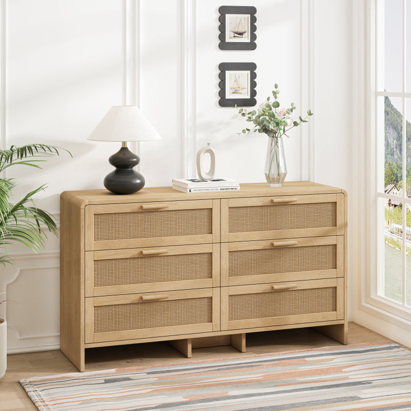 130CM Arc Shaped Corner Rattan Cabinet, 6-Drawers Rattan Storage Cabinet Rattan Drawer, for Living Room Bedroom,and Kitchen, Natural