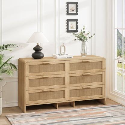 130CM Arc Shaped Corner Rattan Cabinet, 6-Drawers Rattan Storage Cabinet Rattan Drawer, for Living Room Bedroom,and Kitchen, Natural