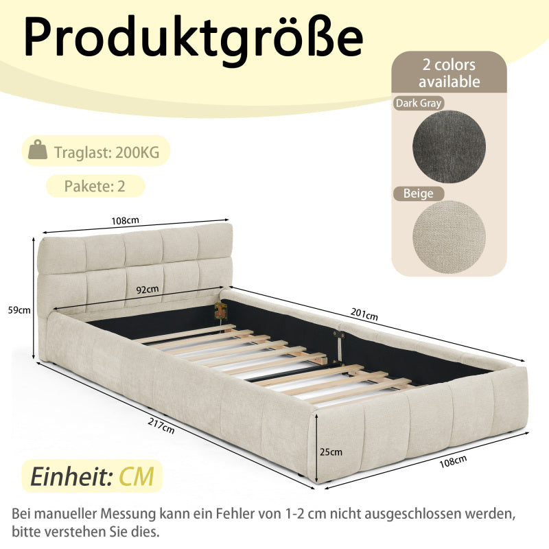 Einzelbett 90*200 cm, Kinderbett mit seidig weichem Chenille - Bezug, quadratischem Steppdesign, Beige (ohne Matratze)