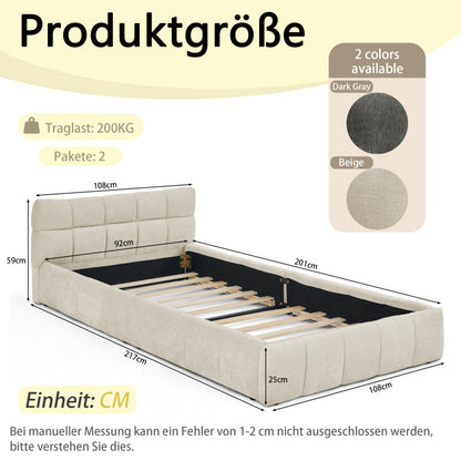 Einzelbett 90*200 cm, Kinderbett mit seidig weichem Chenille - Bezug, quadratischem Steppdesign, Beige (ohne Matratze)
