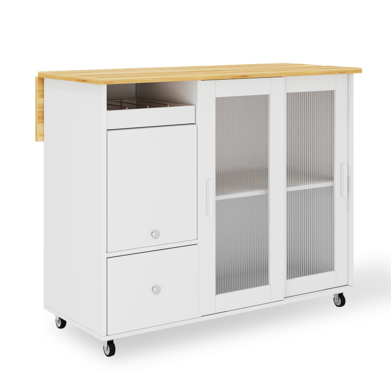 112×46(69)×91cm, klappbarer Kücheninselwagen, Eichenholzfurnier, Weinregal, Schubladen, großer Kücheninselwagen mit Schiebetüren aus gehärtetem Glas und verstellbaren Einlegeböden, mobiler Inselwagen