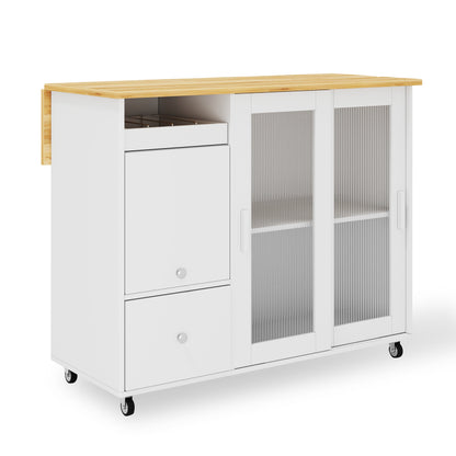 112×46(69)×91cm, klappbarer Kücheninselwagen, Eichenholzfurnier, Weinregal, Schubladen, großer Kücheninselwagen mit Schiebetüren aus gehärtetem Glas und verstellbaren Einlegeböden, mobiler Inselwagen