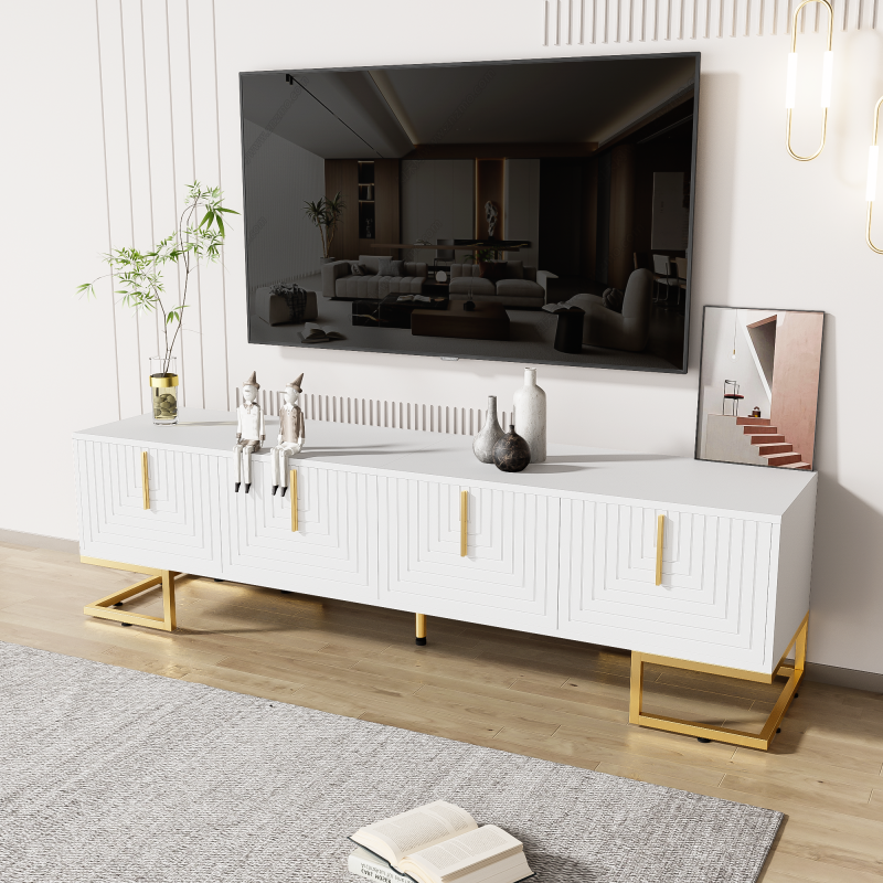 TV-Schrank, lowboard mit strukturierter Tür, TV-Möbel, goldenen Griffen und goldenen Füßen