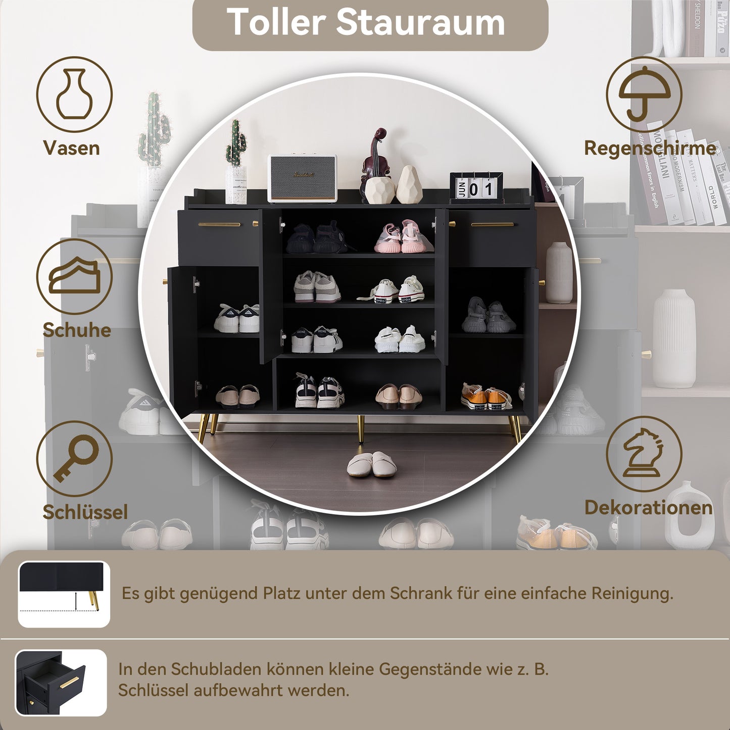 Schuhschrank, Schuhregal mit 2 Schubladen und 4 Türen, Metallfüße, schwarz