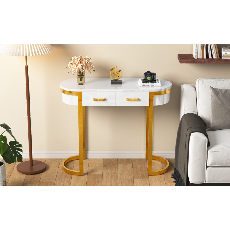 100 x 40 x 76 cm, Moderner und schlichter weißer Hochglanz-Sofa-Beistelltisch, Wohnzimmer-Konsolentisch,  Schreibtisch mit 2 Schubladen, geeignet für Wohnzimmer, Schlafzimmer, Büro, Flur