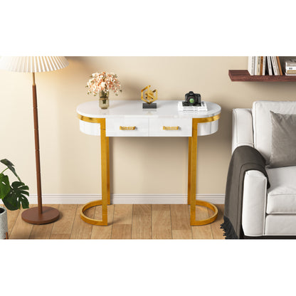 100 x 40 x 76 cm, Moderner und schlichter weißer Hochglanz-Sofa-Beistelltisch, Wohnzimmer-Konsolentisch,  Schreibtisch mit 2 Schubladen, geeignet für Wohnzimmer, Schlafzimmer, Büro, Flur
