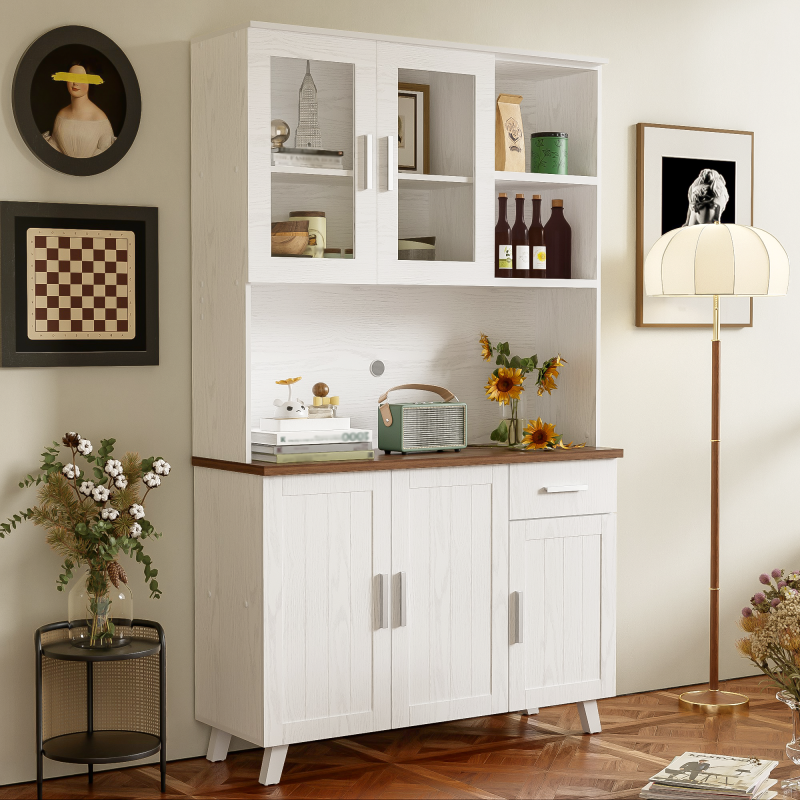 Sideboard, Weißer Holzmaserung-Hochschrank 114 x 40 x 190 cm, geeignet für Wohnzimmer und Esszimmer