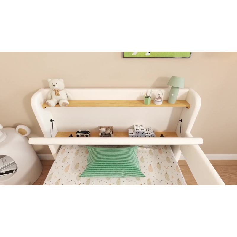 Kinder-Spleißbett, Polsterbett, Tagesbett, Schlafsofa mit Metallbettgestell, Kindernachttisch mit unterer Klapptür, 3 kleine Aufbewahrungstaschen, PU+MDF+Sperrholz, Weiß, 90x200cm