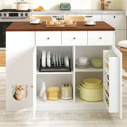 Kücheninsel, Küchenwagen & Sideboard mit Schubladen, Gewürzregal, Haustierfressbereich (ohne Katzensteller), Weiß + Nussbaumfarbe