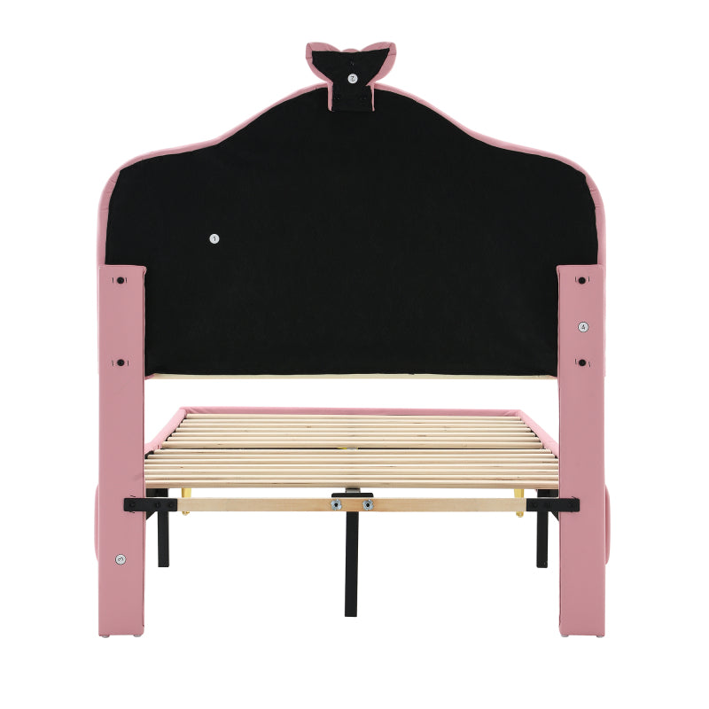 Polsterbett, Einzelbett, Wellenform mit Zugpunkt am Kopfende des Bettes, rosa Schleife, mit mehrfarbigen, wechselnden LED-Streifen, Kinderbett mit Holzlatten, Einzelbett, PU, rosa Bettrahmen, 90x200cm