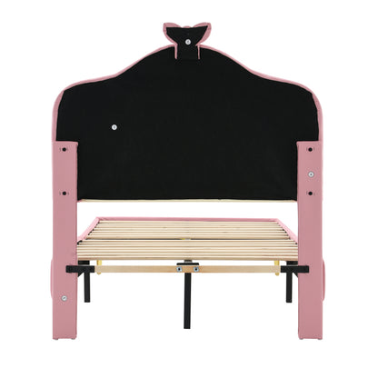 Polsterbett, Einzelbett, Wellenform mit Zugpunkt am Kopfende des Bettes, rosa Schleife, mit mehrfarbigen, wechselnden LED-Streifen, Kinderbett mit Holzlatten, Einzelbett, PU, rosa Bettrahmen, 90x200cm