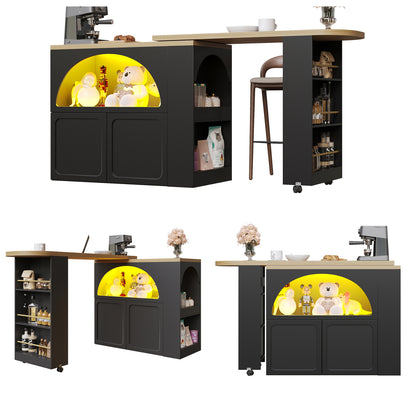 Ausziehbarer Bartisch 135-205cm mit LED & USB, Mobiler Hochtisch Schwarz, Teleskop-Kücheninsel mit Stauraum & Soft-Close, Modernes Bogendesign