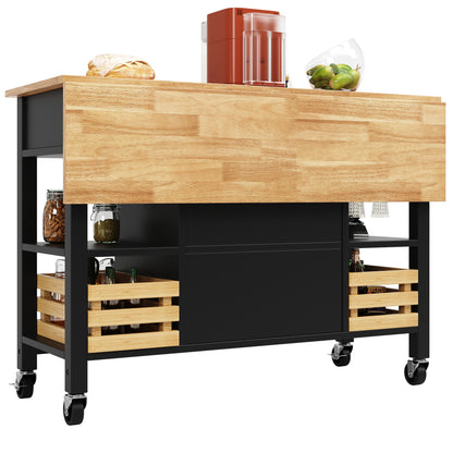 Moderne Kücheninsel Küchenschrank mit Kiefernkorb 120x45x90cm Multifunktions Esstisch Servierwagen Holzmaserung Aufbewahrungskorb Schwarz