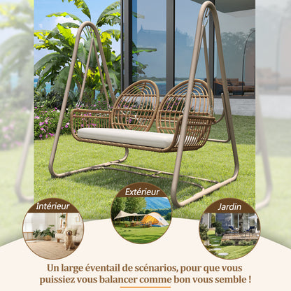 Gartenschaukel, Hollywoodschaukel mit Rückenlehne, Gartenmöbel-Set für den Außenbereich,Doppelschaukel aus PE-Rattan, 2 Sitze, Brauner Sitzrahmen und beiges Kissen