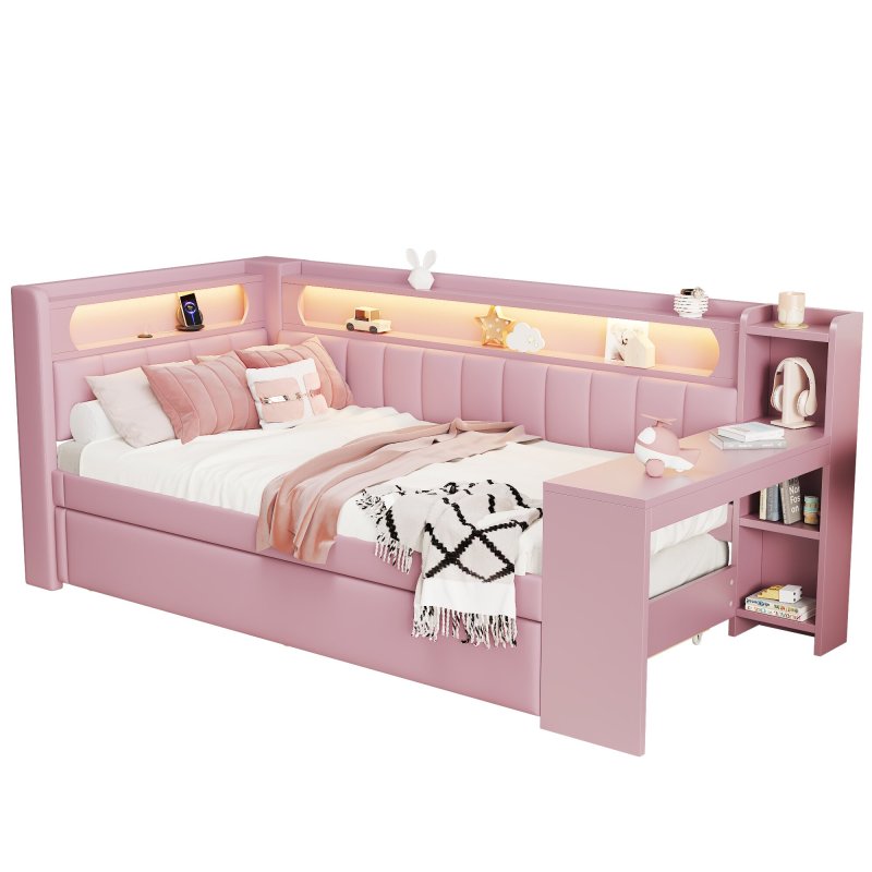 Gepolstertes 90x200 Tagesbett mit USB-Anschlüssen und LED-Gürtel, mit Ausziehbett und Schreibtisch, Rosa