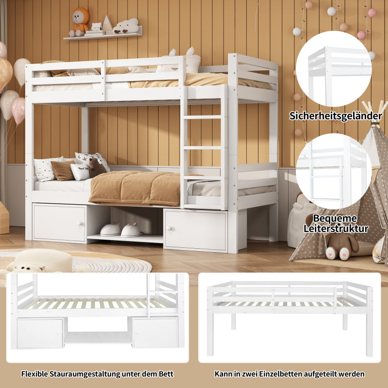 Etagenbett für Kinder, Kinderbett mit Schuhregale und Schließfächer, Bett aufgeteilt in 2 Einzelbetten, Jugendbett, Einzelbett, Weiß, 90x200cm.