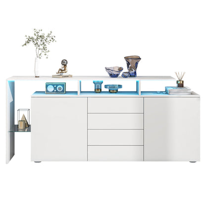 Modernes Sideboard 160cm mit LED-Beleuchtung & App-Steuerung, Hochglanz-Fronten, 4 Schubladen & Glasfach, TV-Schrank Kommode Weiß/Anthrazit