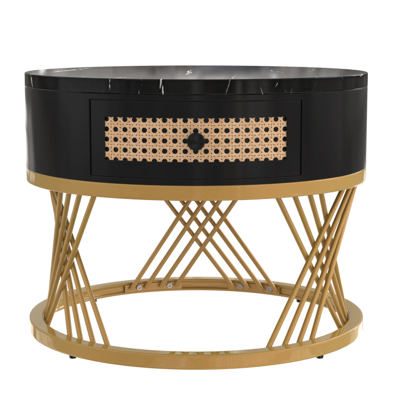 2 in 1 Runder Couchtisch aus MDF, Beistelltisch mit Tischplatte aus Marmor und Schubladen aus Kunststoff-Rattan, Griffe aus Massivholz. goldene Eisenfüße. 70*70*45,5+50*50*38,5cm