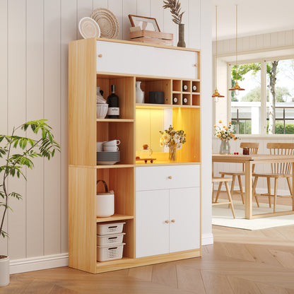 Küchenschrank 115×35×180 cm mit LED, Küchenbuffet mit Schublade, 3 Türen & Regalen, Hochschrank für Mikrowelle – Weiß/Natur