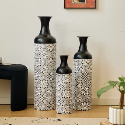 3er Set Bodenvase Metall, Schwarz-Weiß, Retro Stil, 83/65/50 cm hoch