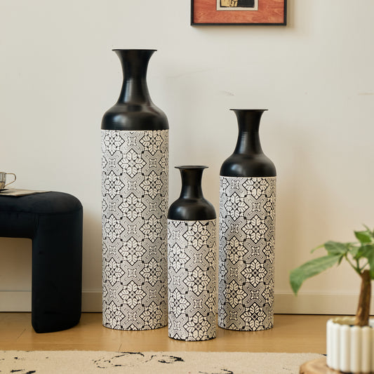 3er Set Bodenvase Metall, Schwarz-Weiß, Retro Stil, 83/65/50 cm hoch