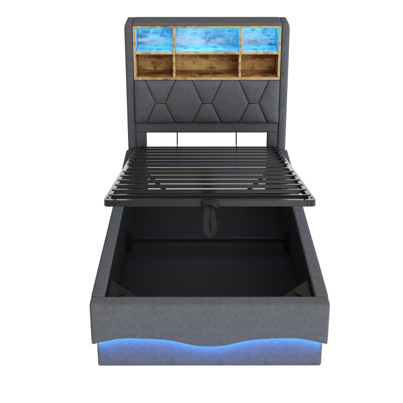 Kinderbett 90x200cm mit hydraulischem Stauraum APP-gesteuertes LED-Lichtband USB-Ladeanschluss Metall-Lattenrost Leinenpolsterung Grau