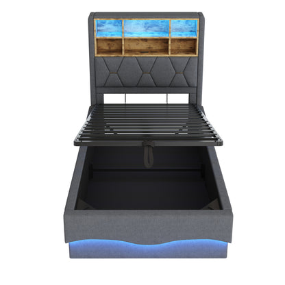 Kinderbett 90x200cm mit hydraulischem Stauraum APP-gesteuertes LED-Lichtband USB-Ladeanschluss Metall-Lattenrost Leinenpolsterung Grau