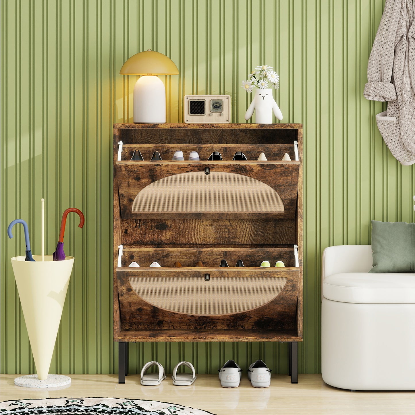 Schuhschrank mit zwei Türen, austauschbaren halbrunden Türfronten und Rattan-Oberfläche, geeignet für den Eingangsbereich und andere Szenen, Vintage-Braun