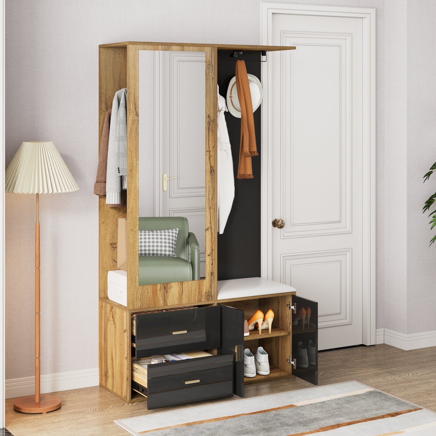 Elegantes Kleiderschrank Set in Schwarz und Holzfarbe mit Spiegel, Schuhschrank, Schuhbank mit Haken und ausziehbaren Kleiderbügeln.