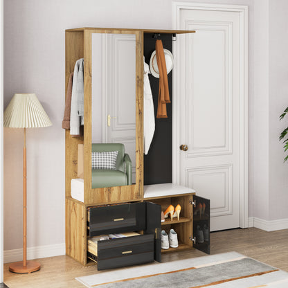 Elegantes Kleiderschrank Set in Schwarz und Holzfarbe mit Spiegel, Schuhschrank, Schuhbank mit Haken und ausziehbaren Kleiderbügeln.
