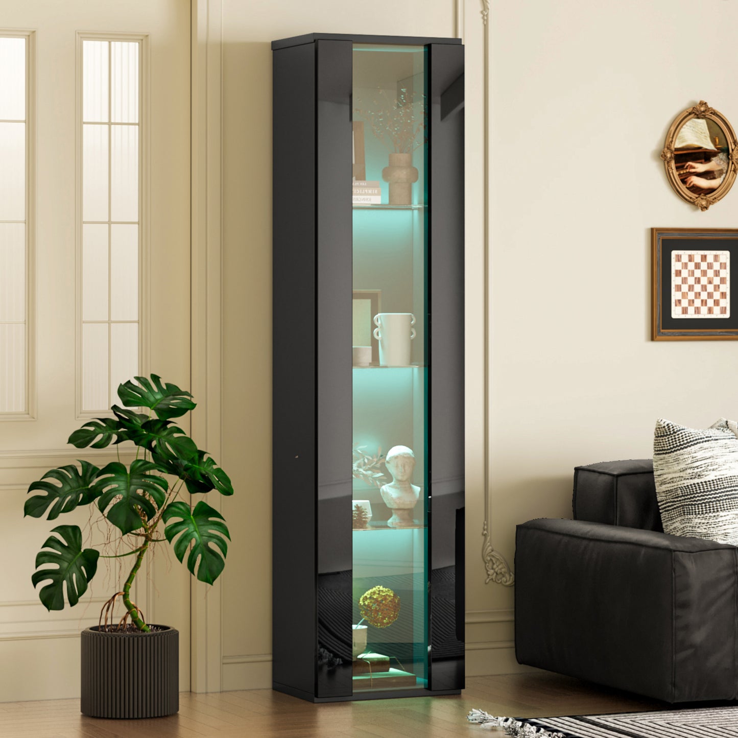 Multifunktionale Vitrine, Glastrennwand, LED-Farbwechsel Licht, schlichtes Design, Schwarz