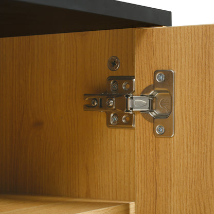TV-Schrank mit einer Schublade, drei Türen, zwei offene Fächer mit Glas TV-Möbel, TV-Board, TV-Lowboard Feinstruktur. Schwarze und natürliche Holzfarben. 15 variable LED-Leuchten.