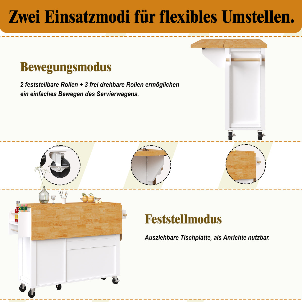 Kücheninsel mit Rollen & klappbarer Arbeitsplatte, Küchenwagen mit 3 Türen & Schublade, Sideboard inkl. Gewürzregal & Handtuchhalter, 99cm