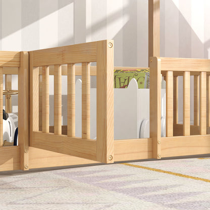 Etagenbett mit rechtwinkliger Treppe, Bett mit Zäune und Türchen, Kinderbett mit Fallschutz und Gitter, Massivholz, natur (200x90cm)