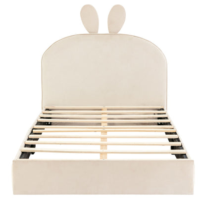 Kaninchen Kopfteil Polsterbett, Kinderbett mit Holzlatten, Einzelbett, Samt, Beige, 90x200cm