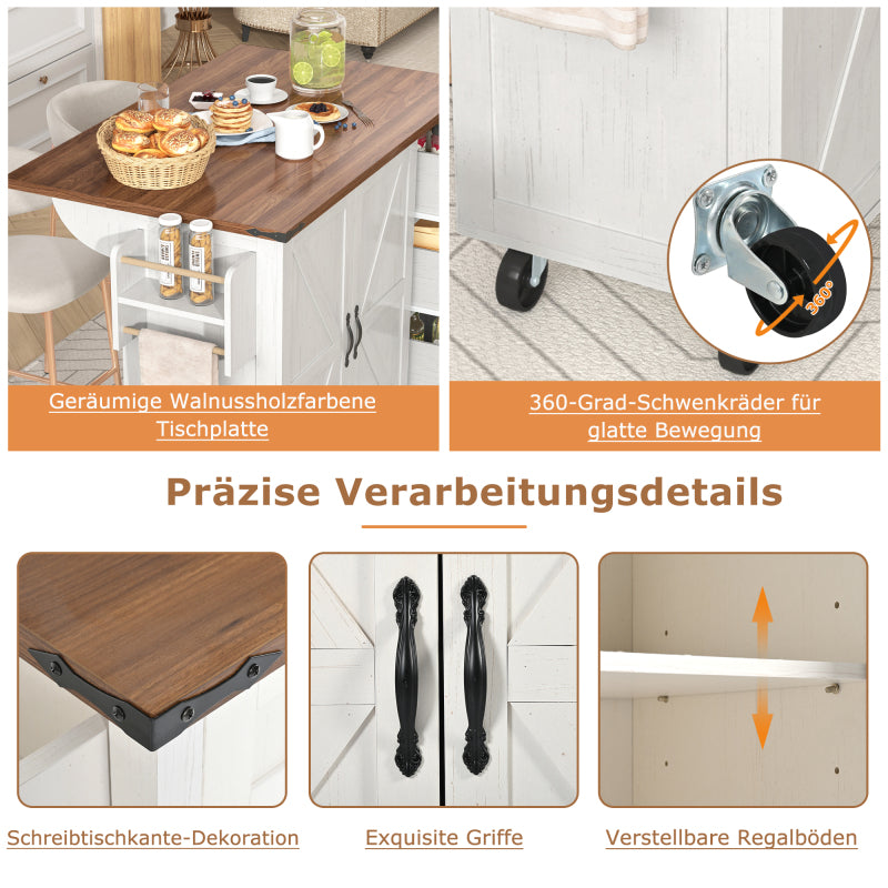 Kücheninsel, Servierwagen mit ausziehbarer Arbeitsplatte, Küchenschrank,Küchentrolley,Speisewagen mit Holzmaserung, Speisewagen mit zwei Türen und drei Schubladen