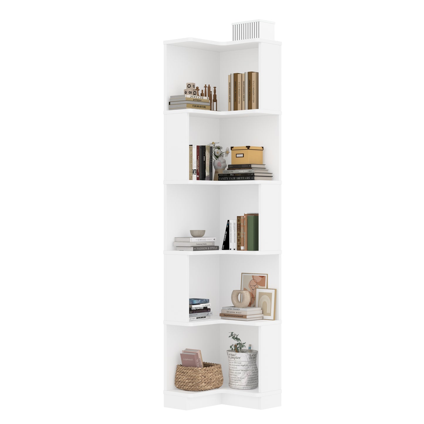 Eck Bücherregal,  L-förmiges Bücherregal, LED-Farbwechsel-Lichtleiste, Fernbedienung/App-Steuerung, weiß