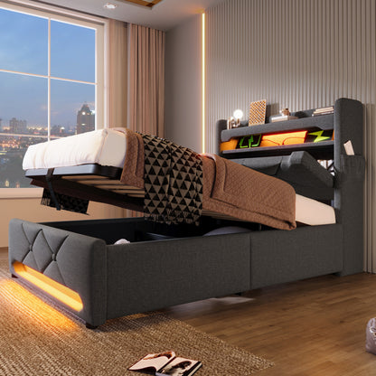 Polsterbett Einzelbett 90*200, Stauraum Kopfteil mit USB und Typ C-Port ,360-Surround-LED-Funktion rund um Kopf- und Fußende des, Betten mit Hydraulisch Stauraum, Grau , Leinen(Mit Matratze)